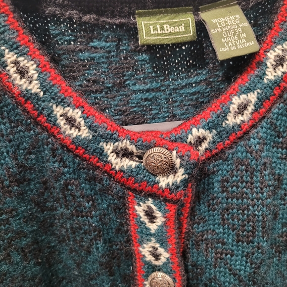 Vintage LL BEAN Nordic Fair Isle Button Cardigan Merino Wool Size Large - Picture 6 of 7